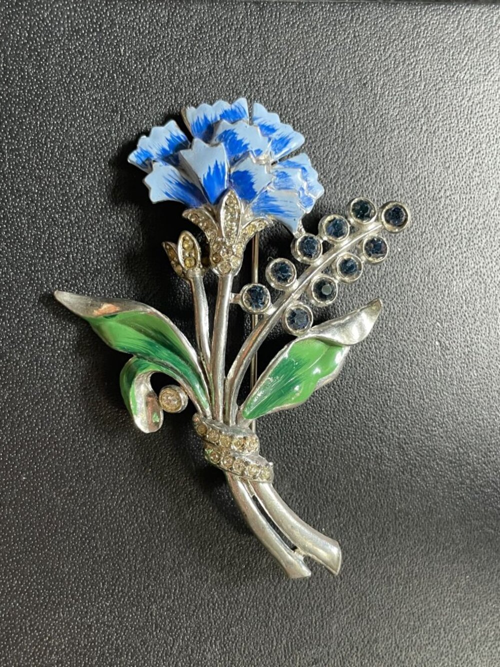 Vintage 1940s Rhodium Plated Blue Carnation Enamel Bouquet Rhinestone Brooch